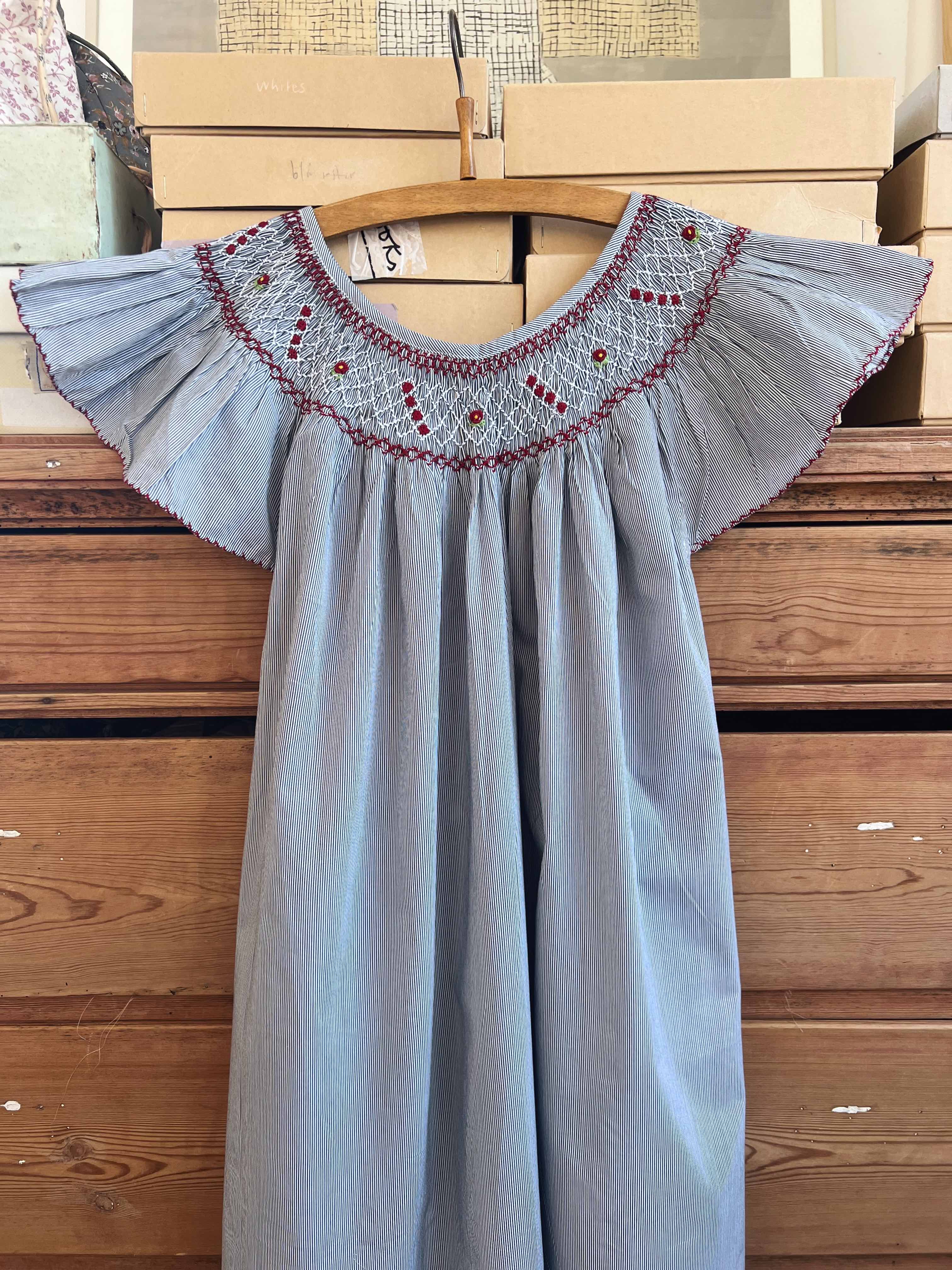 French Madagascan Smock Dress - Rayé Bleu Marine