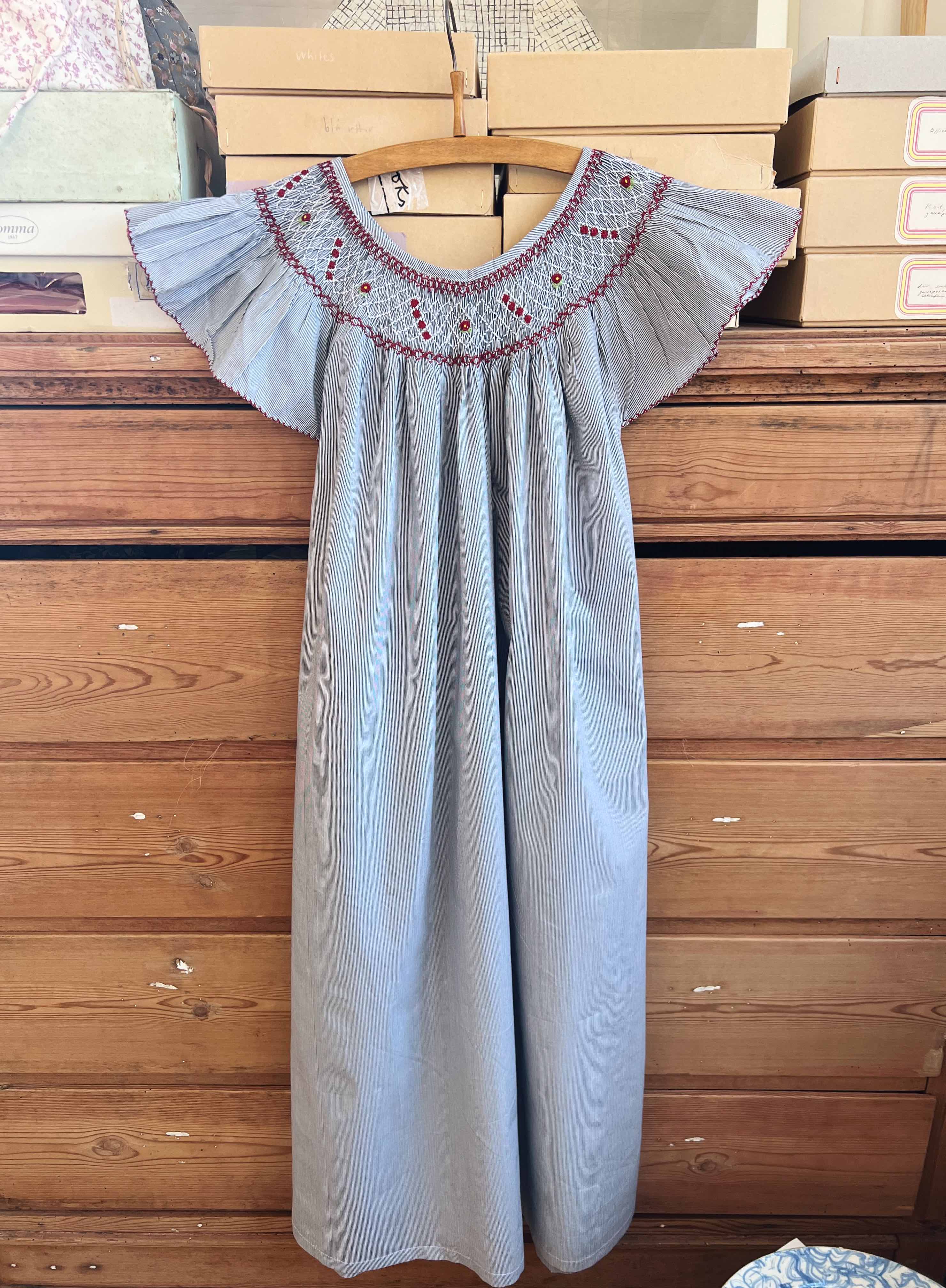French Madagascan Smock Dress - Rayé Bleu Marine