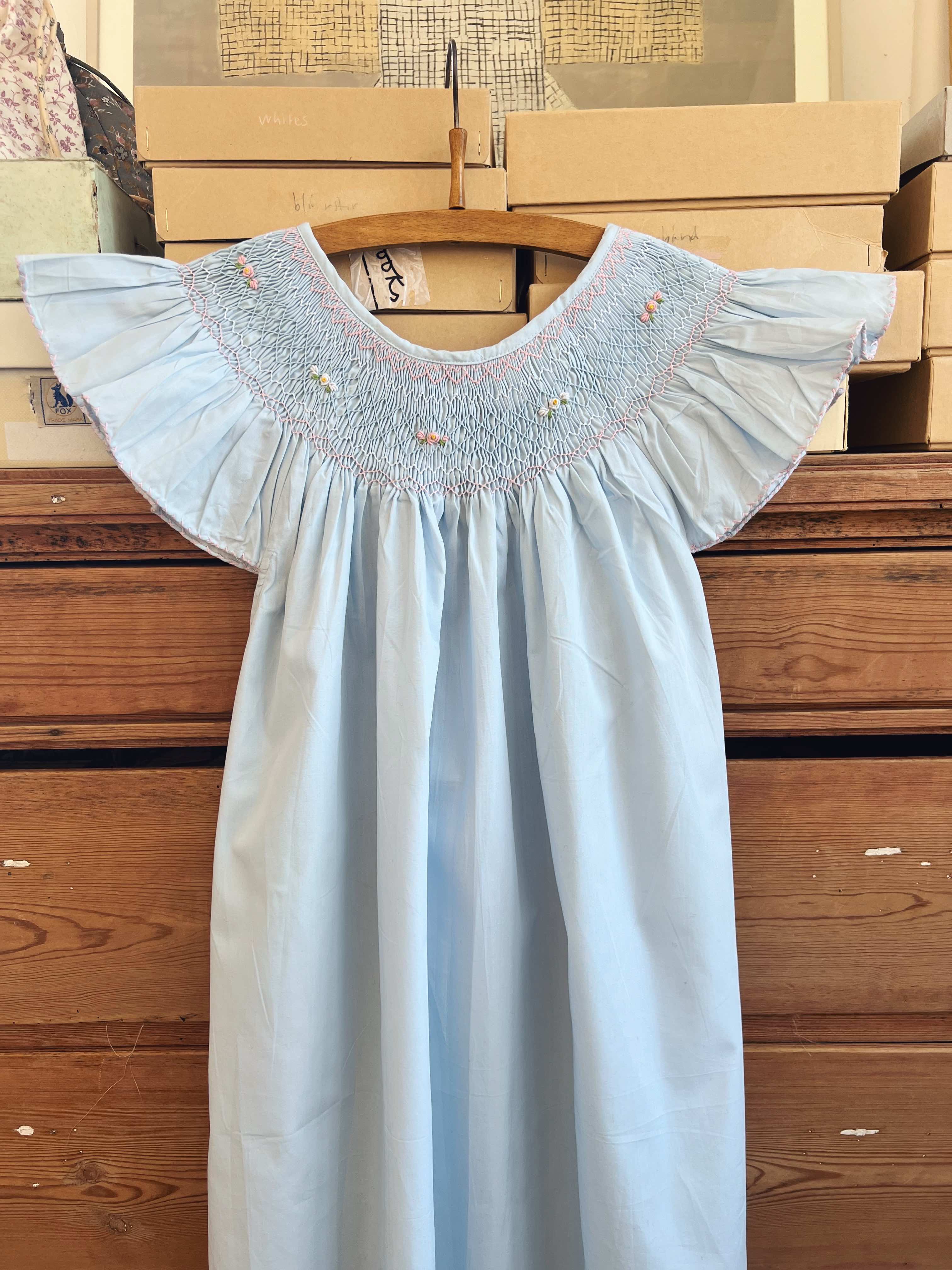 French Madagascan Smock Dress - Bleu Ciel I