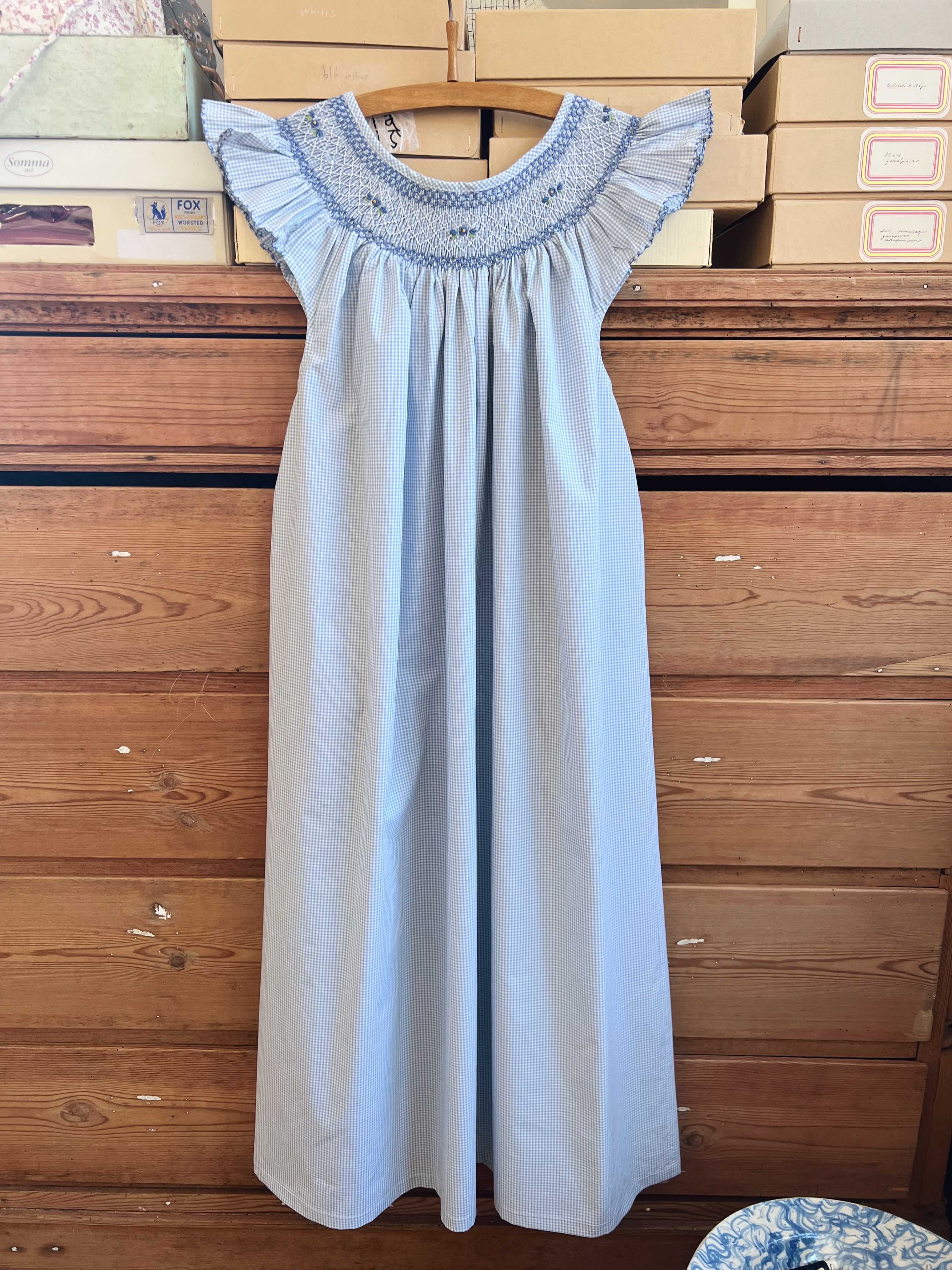 French Madagascan Smock Dress - Carreaux Bleu Ciel