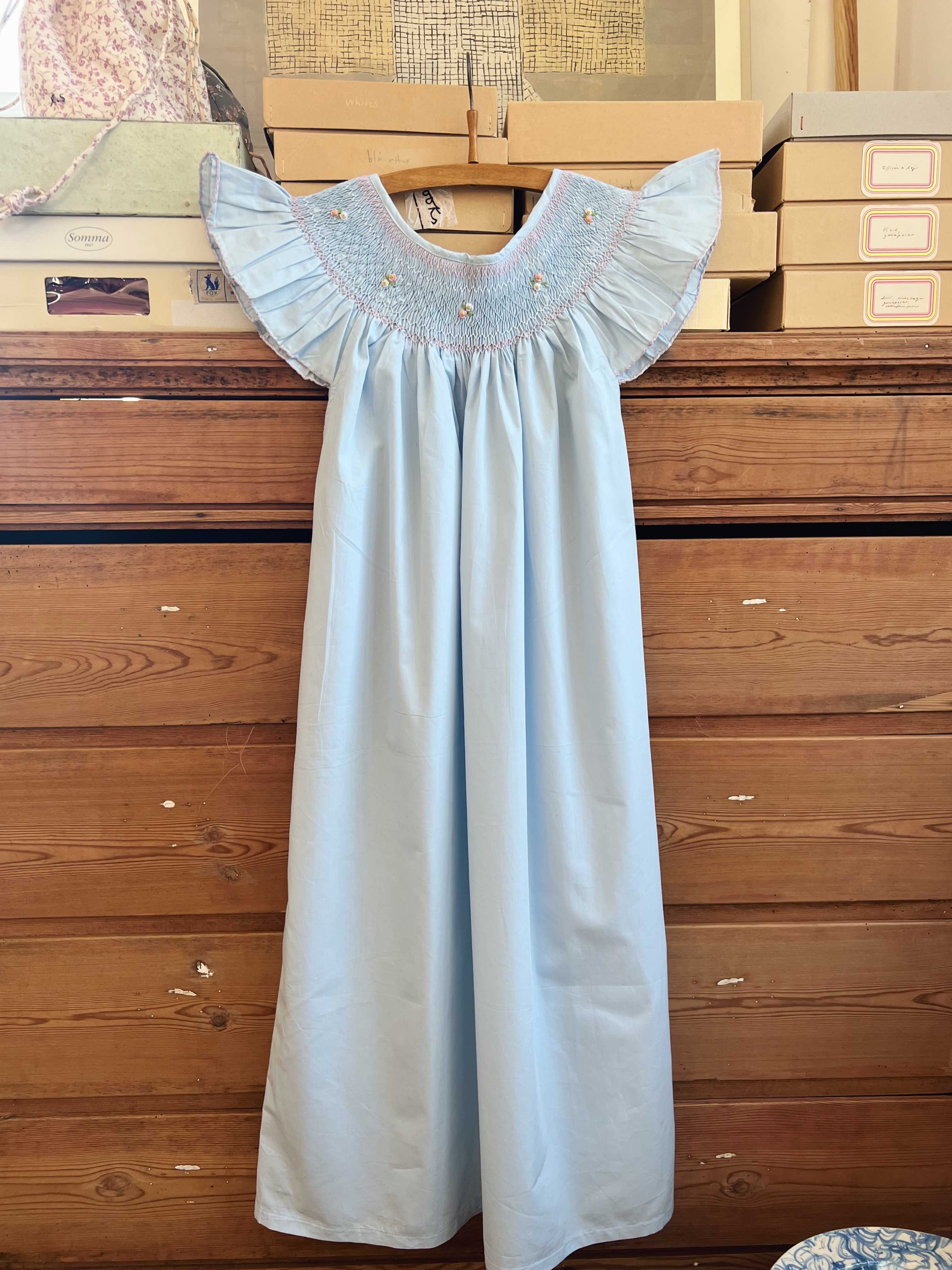 French Madagascan Smock Dress - Bleu Ciel II