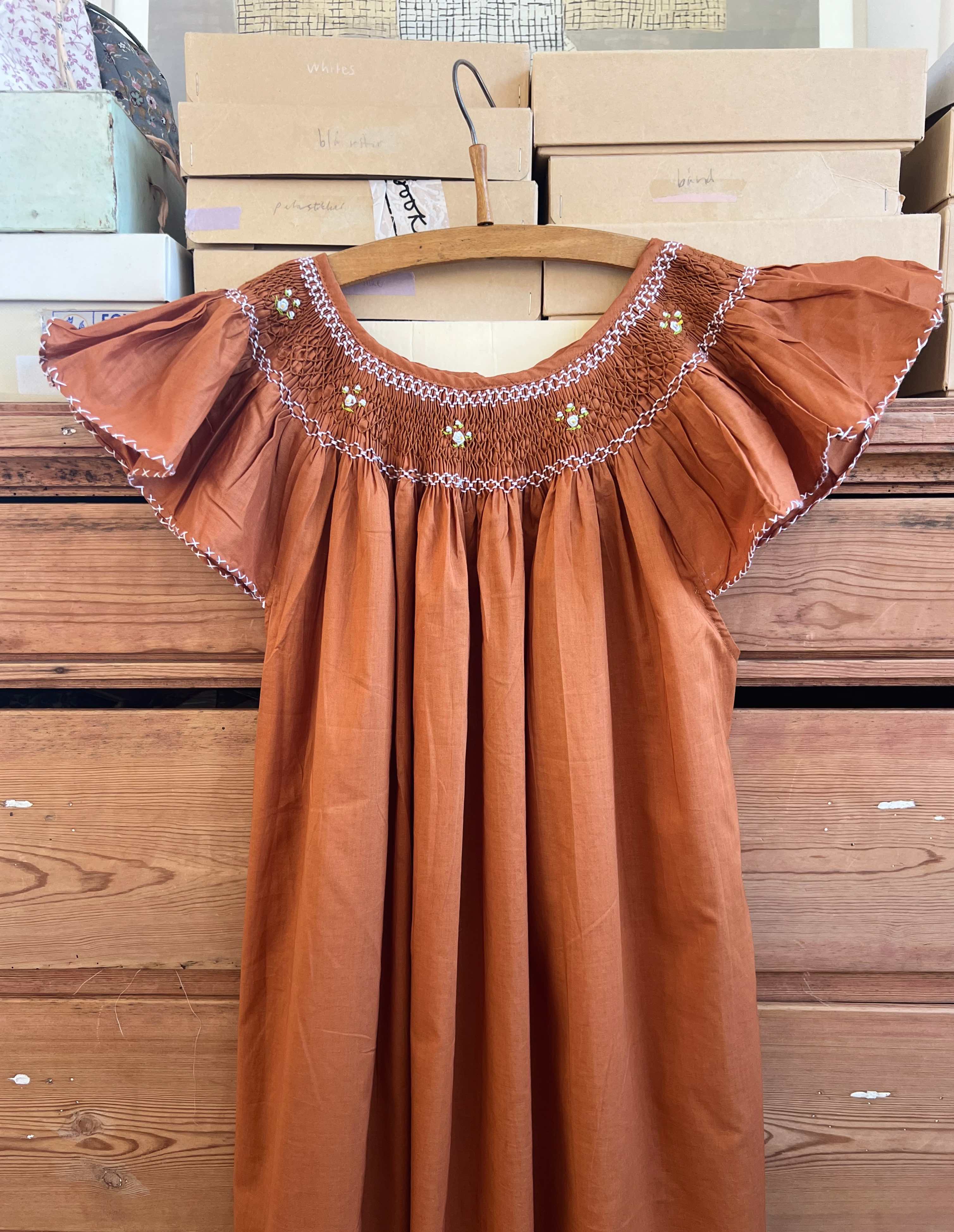 French Madagascan Smock Dress - Terracotta