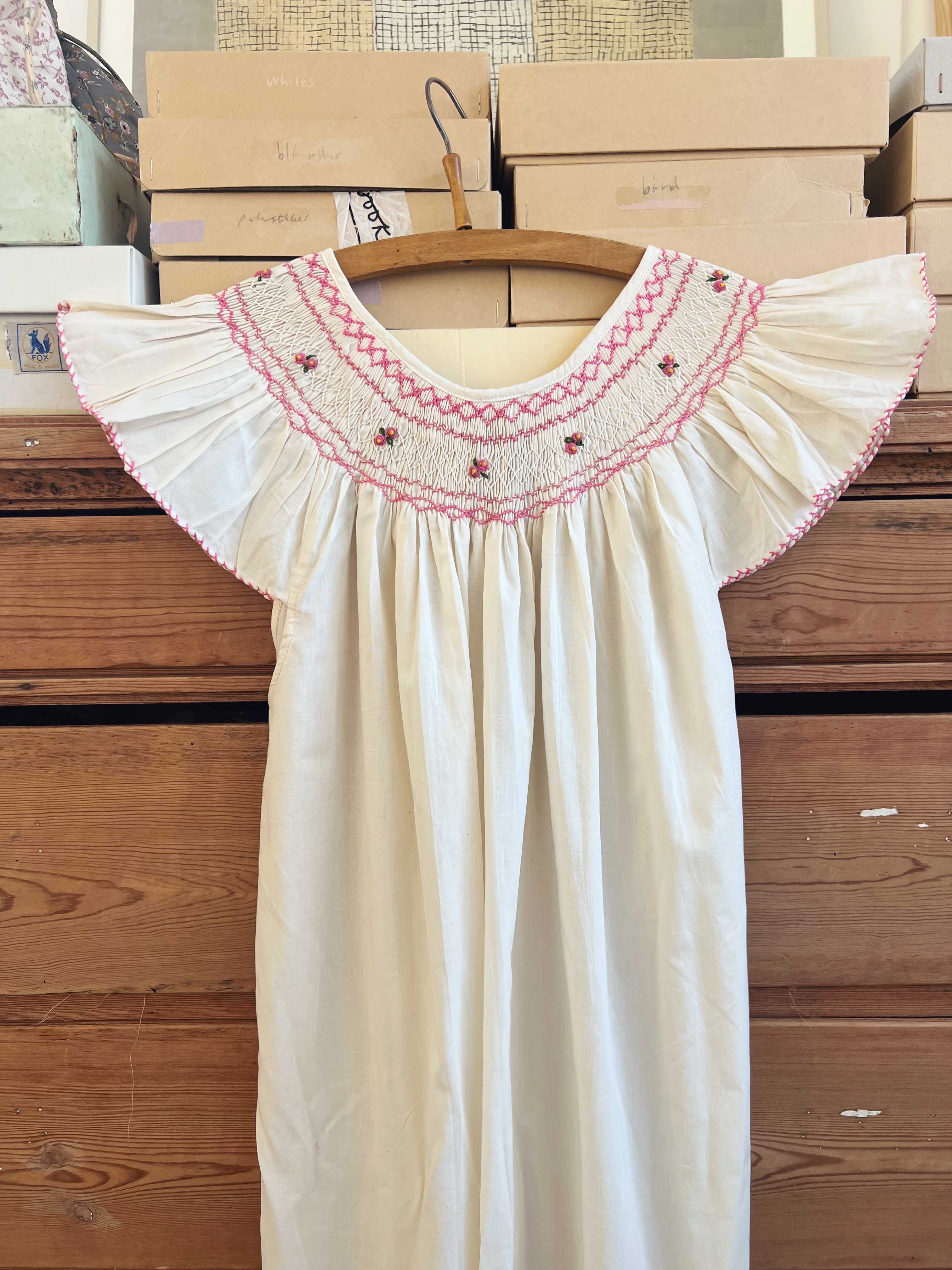 French Madagascan Smock Dress - Ecru Rose