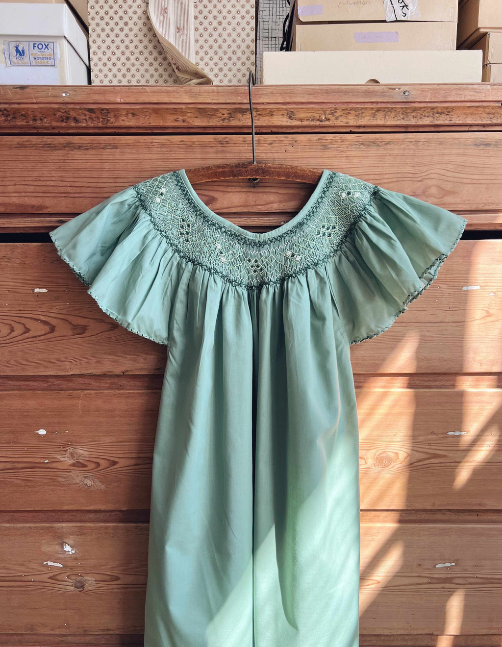 French Madagascan Smock Dress - Sage
