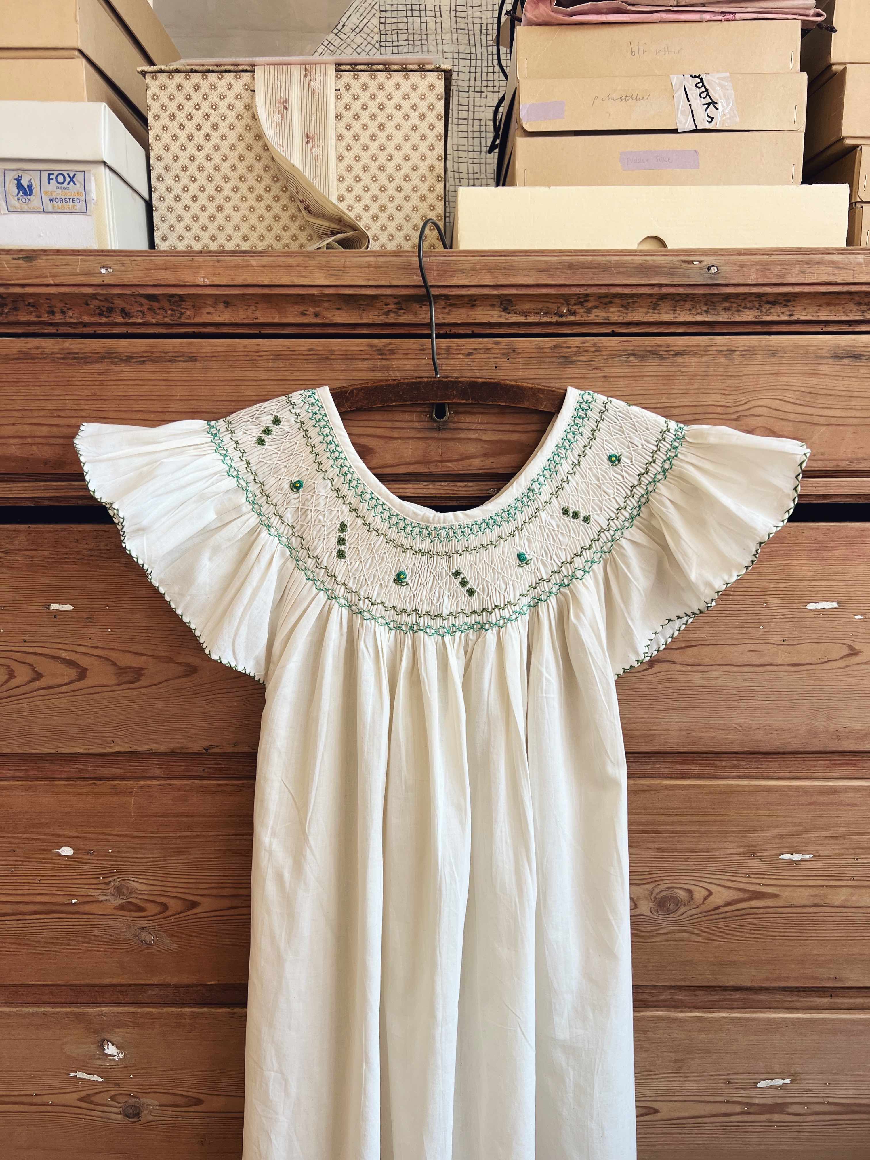 French Madagascan Smock Dress - Ecru Emerald