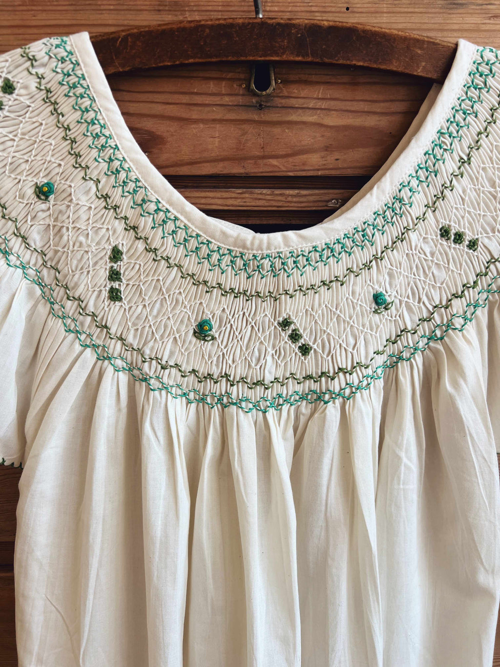 French Madagascan Smock Dress - Ecru Emerald