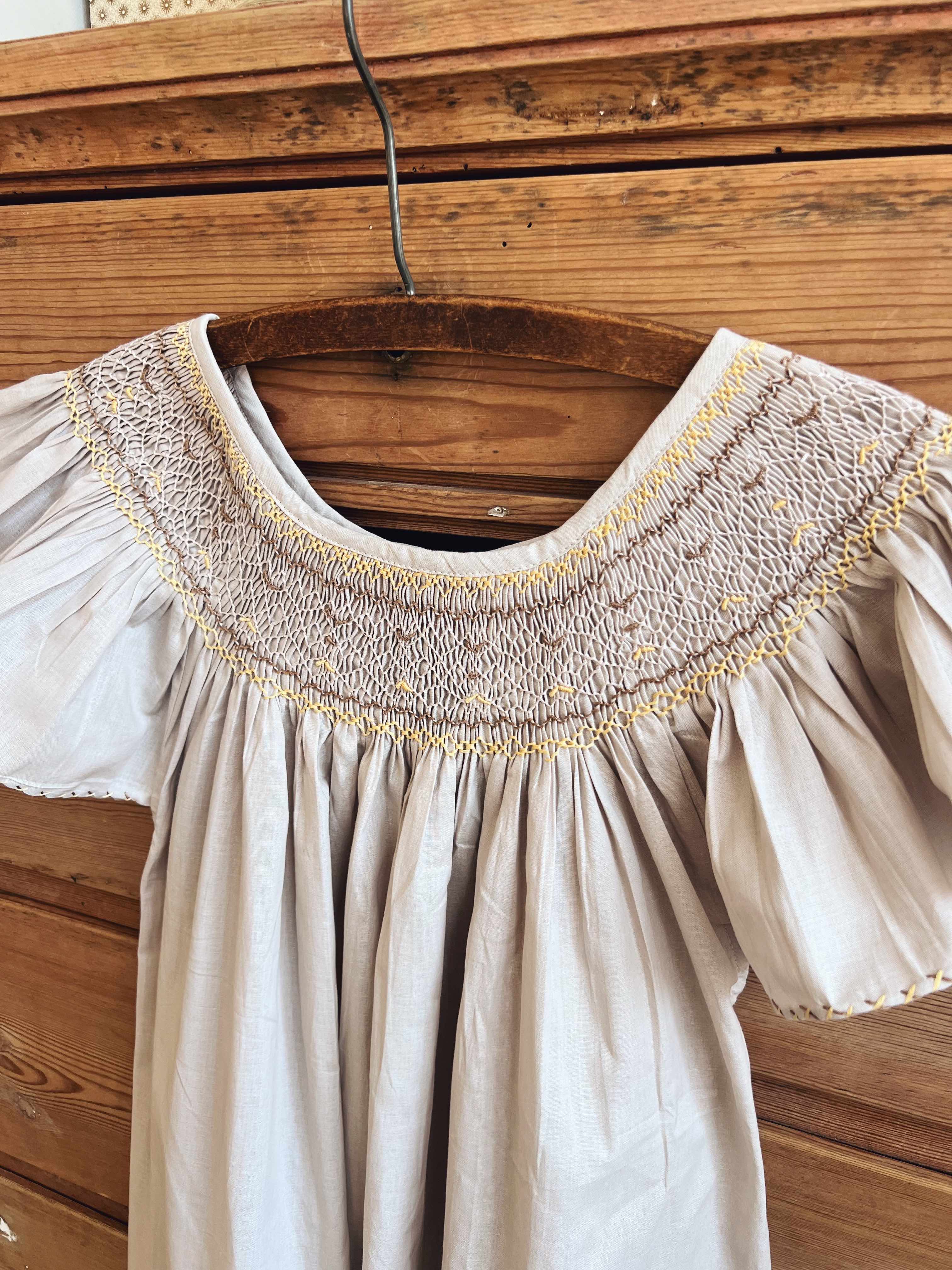 French Madagascan Smock Dress - Beige