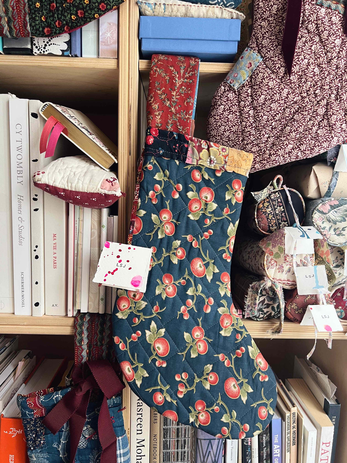 Small Antique Patchwork Stocking - 1810-20s French Printed Indigo